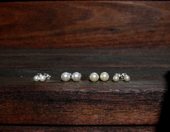 Mariage - 14K or Sterling Pearl Stud Earrings,14K Gold 6mm 4mm, Small Pearl Earrings, Sweet 16, Pearl Ear Studs, Wedding Jewelry, Bridesmaids Gifts
