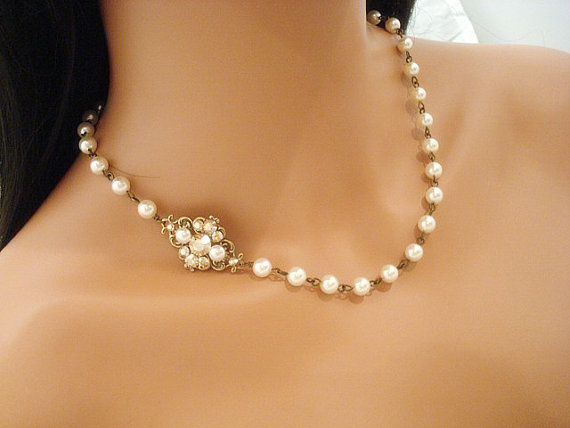 Mariage - Pearl necklace, bridal necklace, wedding necklace, bridal jewelry, vintage style necklace, antique brass, Swarovski crystals and pearls
