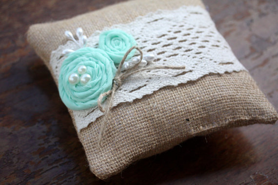 Wedding - Rustic Burlap Ring Bearer Pillow with mint flowers- 14 Custom Colors Available