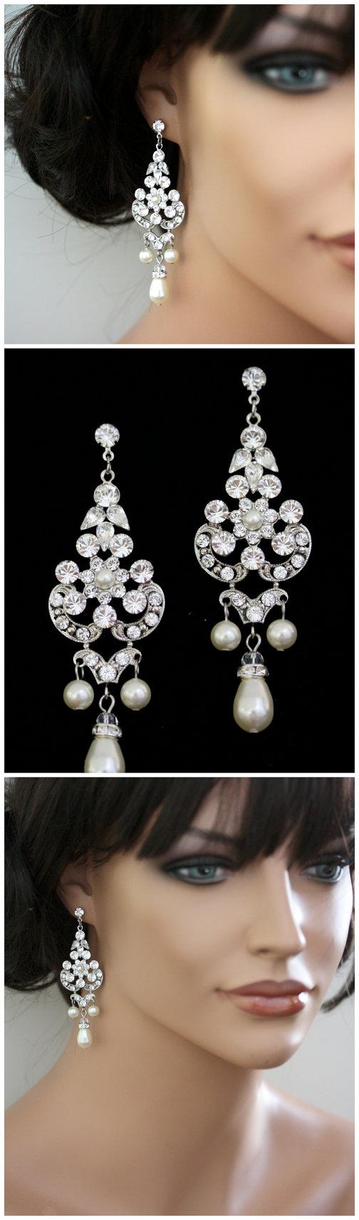 Hochzeit - Chandelier Bridal Earrings Statement Wedding Earrings Swarovski Rhinestone Crystal Pearl Teardrop Vintage Wedding Jewelry CELESTE
