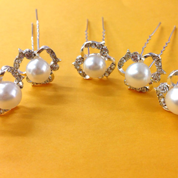 زفاف - Set of 6 faux pair pearl rhinestone hair pin use for wedding bouquet  , flower embellishment , wedding favor, bridal hair pin 13mm