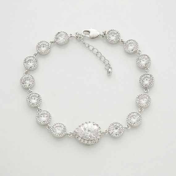 Hochzeit - Wedding Bridal Bracelet Wedding Jewelry Bridal Bracelet Clear Cubic Zirconia Teardrop Bracelet Silver