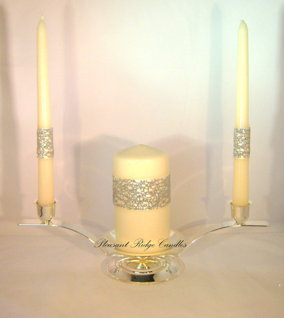 Mariage - Ivory Unity Candle Set Cheap Unity Candle 5.5 inch Pillar 9 inch Pillar Bling Unity Candle Wedding Candle Color, Size & Ribbon Color Choice