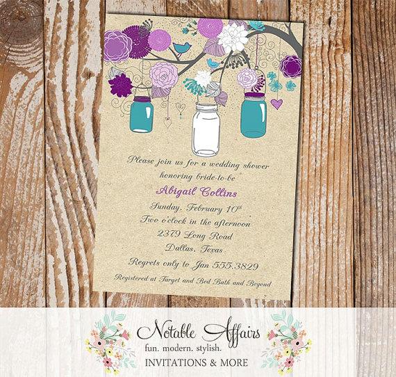 Hochzeit - Gray Purple Plum Eggplant Teal Turquoise Rustic Vintage Elegant Kraft Floral Mason Jars Bridal Wedding Baby Shower Gender Reveal Invitation