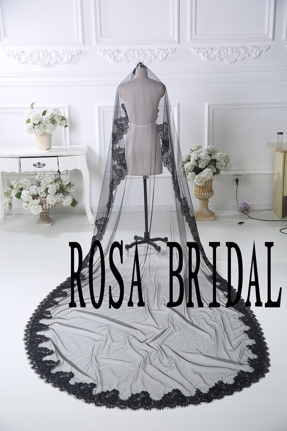 زفاف - Black Lace edge Bridal veil cathedral, Black wedding veil, Black Wedding bridal veil, 1T bridal veil without comb