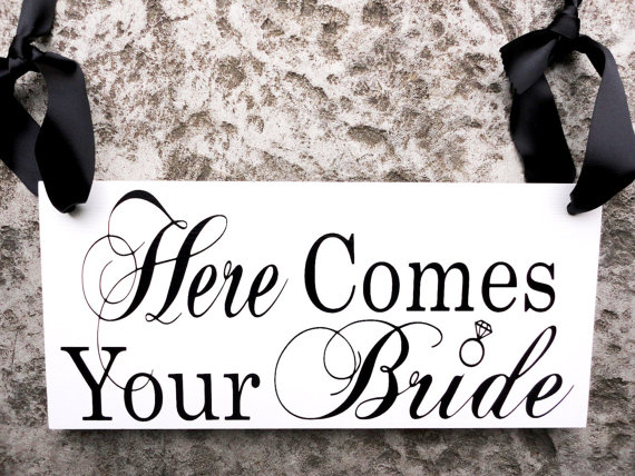 Wedding - Here Comes Your Bride with And they lived Happily ever after. 8 X 16 inches, 2-Sided. Wedding Sign with Ring Accent.  Bridal Wedding Sign.