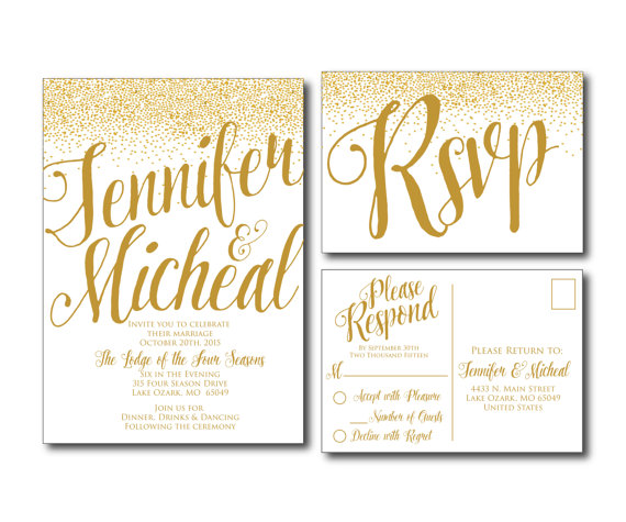 Свадьба - Gold Wedding Invitation - Gold Sparkles - Printable Wedding Invitation - Rsvp Postcard - Wedding Rsvp - RSVP Card - Printable File