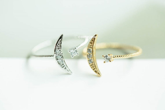 Hochzeit - Cz half moon adjustable ring,Ring,love ring,gift idea,engagement gift,bridesmaid gift,adjustable ring,unique ring,cute moon ring,skd585