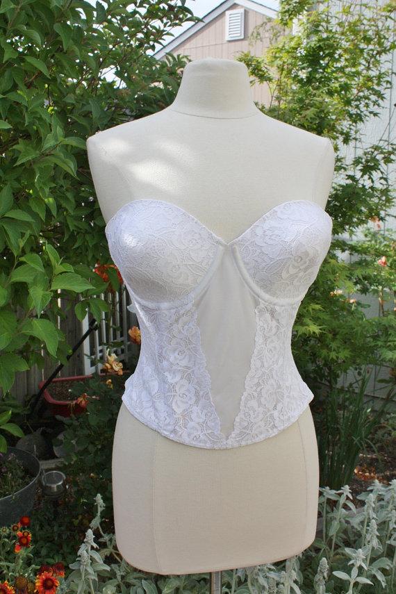 Mariage - 1990's White Bustier Corset Lace Sears 38C Vintage REtro 90s Boning Adjustable REmovable Straps Sexy Bridal WEdding
