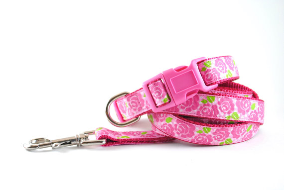 زفاف - Pink Floral Dog Collar and Leash - Hot Pink Rose Print Floral Girl Dog Collar