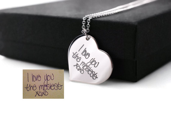 Hochzeit - Actual handwriting or artwork engraved sterling silver heart personalized pendant memorial necklace •  sentimental charm jewelry •