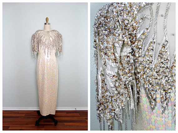 Wedding - Oscar de la Renta Beaded Gown / Iridescent Ivory Embellished Dress / Silver Fringe Beaded Wedding Gown 38 40