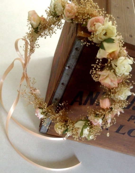 زفاف - Bridal dried flower crown peach hair wreath accessories Vintage inspired barn wedding headpiece AmoreBride silk  -Kendra- babys breath halo