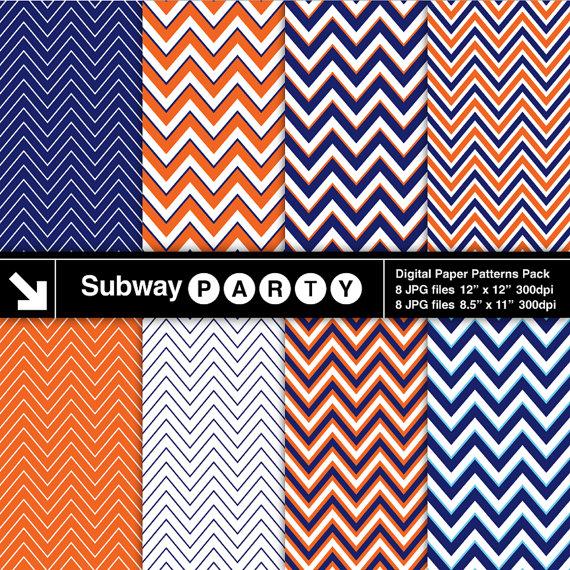 Wedding - Navy Blue and Orange Chevron Digital Papers. Thick & Thin Chevron Patterns. Scrapbook / Party Invites DIY 8.5x11, 12x12 jpg INSTANT DOWNLOAD