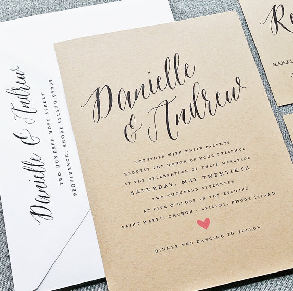 Свадьба - NEW Danielle Calligraphy Script Recycled Kraft Wedding Invitation Sample with Pink Heart