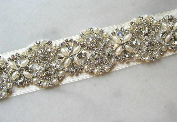 Wedding - Crystal Rhinestone & Pearl Bridal Sash, Wedding Belt, Ivory Crystal Bridal Sash, 24" of Rhinestones - DARBY