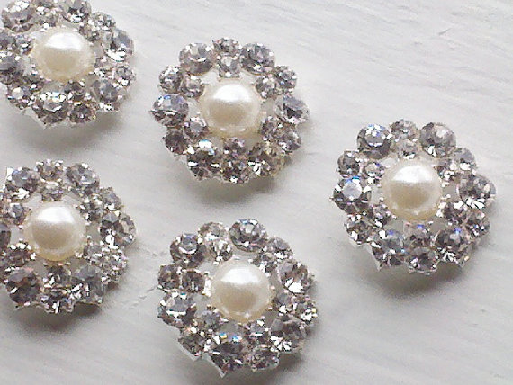 زفاف - 10 Pieces  21 mm  Silver Metal Buttopns With  Rhinestone and Ivory Pearl Bridal Bouquet  Flower Hair Embellishment
