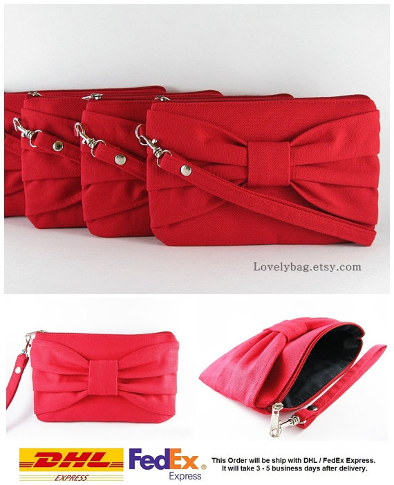 Hochzeit - SUPER SALE - Set of 7 Red Bow Clutches - Bridal Clutches, Bridesmaid Clutch, Bridesmaid Wristlet, Wedding Gift, Zipper Pouch - Made To Order