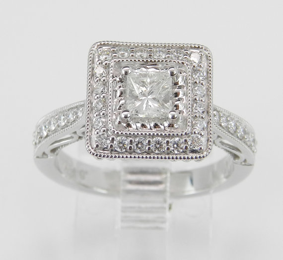 Свадьба - 14K White Gold Princess Cut Square Diamond Halo Engagement Ring Size 6