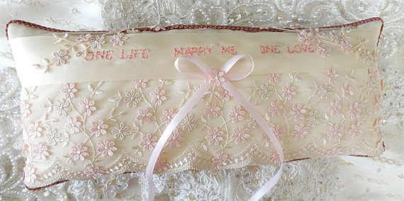 Hochzeit - Romantic Vintage Ivory & Peachy Pink Lace-Marry Me-Pillow-OOAK