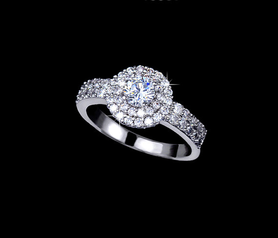 زفاف - Double Halo Ring Round Cubic Zirconia Two Row  Micro Pave Engagement Ring Wedding Ring Accent Ring Anniversary Ring Prom Gift, AR0025