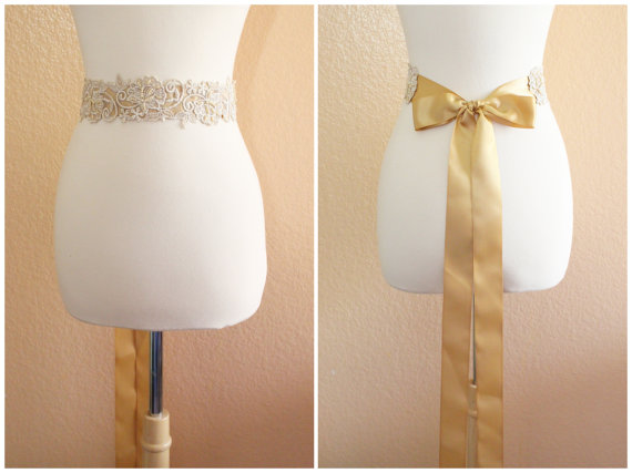 Свадьба - Light Gold Embroidery with Pearl Beading Lace Sash // Headband , Head Tie // Wedding Headband