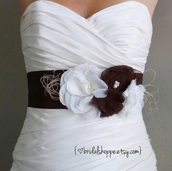 زفاف - Bridal Sash Belt - Espresso and Ivory Bridal Belt Wedding Dress Sash - Romance