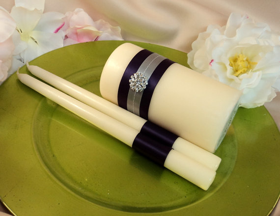 Wedding - Custom Colors Elite Unity Candle 3 Piece Set with Rhinestone Accent....You Choose The Ribbon Colors...shown in ivory/eggplant/silver gray