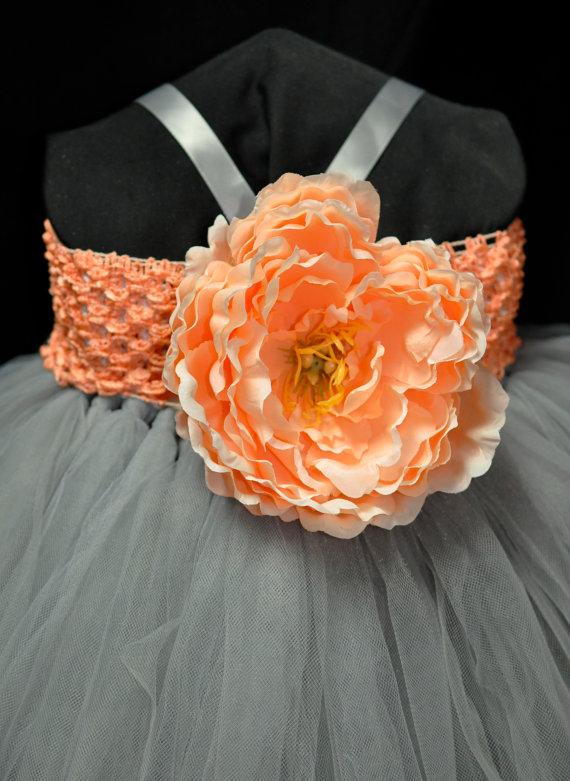 Wedding - Peach and Gray Flower Girl Dress
