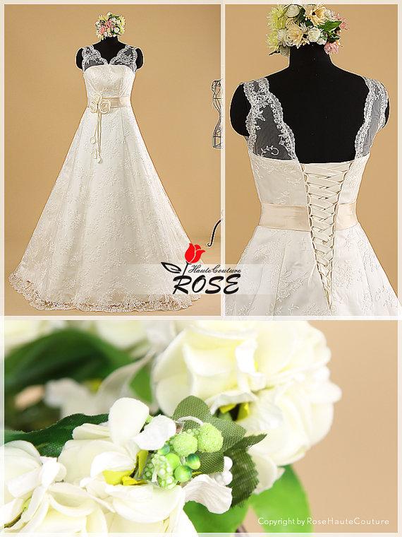 Hochzeit - A Line V Neckline Lace Wedding Dresses with Satin Waistband and Hand-made Flowers Details Style WD013
