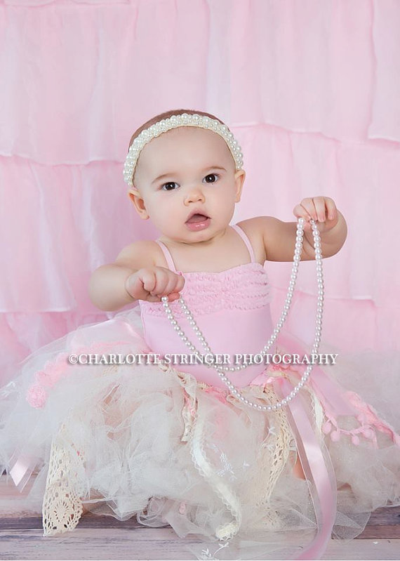 Hochzeit - Pearl Ivory Head Wrap Headband Tie Back Wedding Bridal Baby Infant Photography Prop Toddlers Baptism Christening Cream Flower Girl Beaded