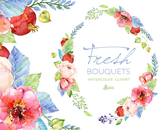 زفاف - Fresh Bouquets & wreath. Handpainted watercolor clipart, wedding invitation, floral frame, greeting card, diy clip art, pomegranate, flowers