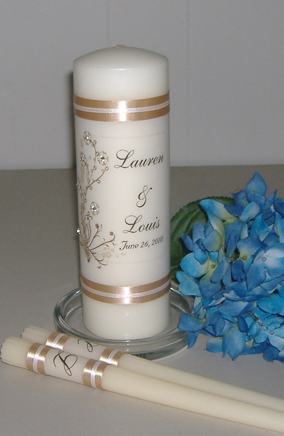 Hochzeit - Monogram Unity Candle Set - Cherry Blossoms -Pearl or Crystal accented cherry blossoms - choose your flower colors