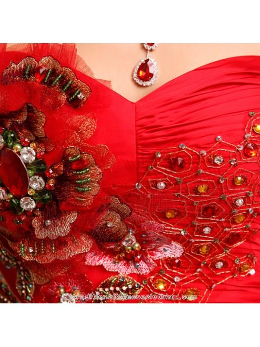 زفاف - Chinese red embroidery phoenix beading long bridal wedding gown