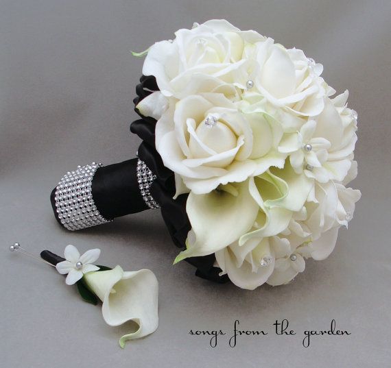 Hochzeit - Black White Wedding Bridal Bouquet Stephanotis Real Touch Roses Calla Lilies Groom's Boutonniere Real Touch Custom Wedding Bouquet