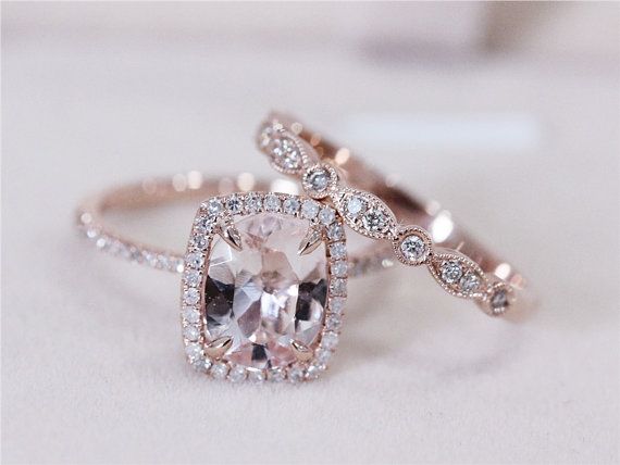 زفاف - Art Deco VS 7x9mm Pink Morganite Wedding Set W/ Half Eternity Matching Band 14K Rose Gold Morganite Ring Diamond Engagement Ring