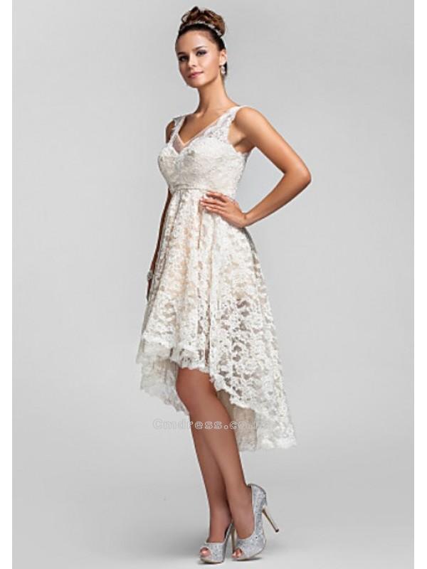Hochzeit - A-line/Princess V-neck Asymmetrical Lace Bridesmaid DressSKU: PD00733754-LT