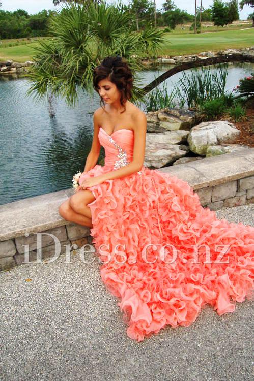 زفاف - Cascading Coral High-low Strapless Sweetheart Ruffled Formal Dress