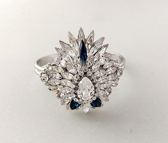 زفاف - Wedding Bracelet - Bridal Bracelet, Cuff Bracelet, SAPPHIRE Crystal Bracelet, Swarovski Crystals, Vintage Style, Something Blue - SHARLA