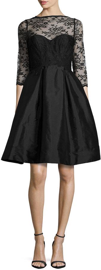 زفاف - Monique Lhuillier Bridesmaids 3/4-Sleeve Lace-Bodice Full-Skirt Short Dress, Black