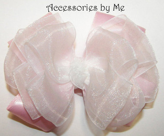زفاف - White Light Pink Hair Bow Sheer Organza Satin Ribbon Girls Baby Toddler Chil Accessory Clip Frilly Dressy Wedding Boutique Pageant Occasion