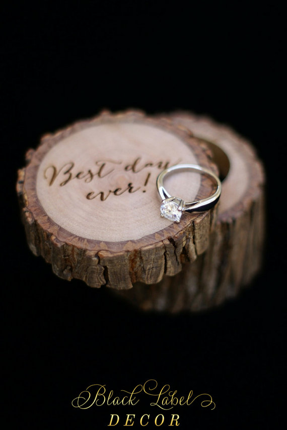 Hochzeit - Best day ever! - Engraved Wood Wedding Ring Bearer Slice, Rustic Wooden Ring Holder, Reclaimed Hickory Ring Bearer Pillow black velvet lined