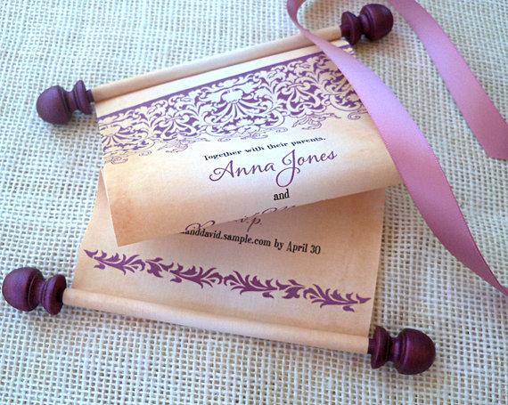 Свадьба - Rustic Country Wedding Invitation, Fabric Scroll with Damask Stencil, Burgundy Mauve and Burlap - 25