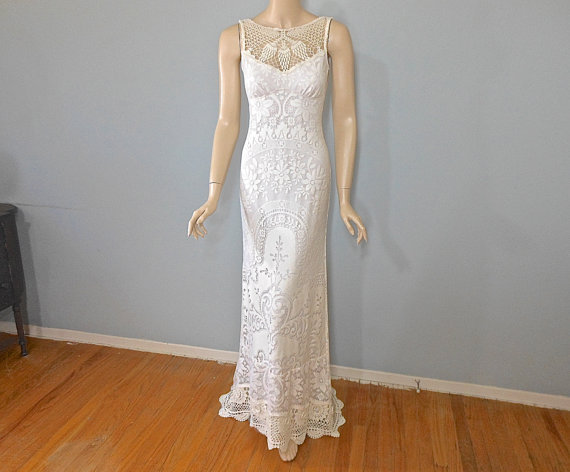 Hochzeit - VINTAGE Crochet Wedding Dress BOHEMIAN Wedding Dress HIPPIE Wedding Dress Sz Small