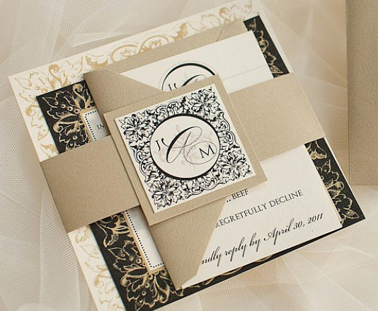 Mariage - As Seen on Style Me Pretty - Paris Wedding Invitation Suite with Belly Band - Black, Gold and Ivory