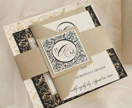 زفاف - As Seen on Style Me Pretty - Paris Wedding Invitation Suite with Belly Band - Black, Gold and Ivory