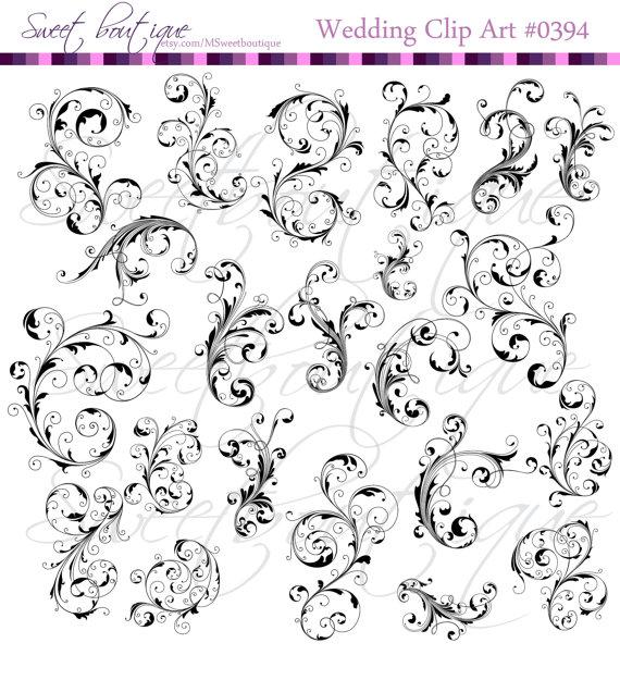 Wedding - 22 Flourish Swirls Clip Art Black Floral Flower Leaf Clipart Silhouette Decorative Bridal Shower Designs DIY Invitations 0394