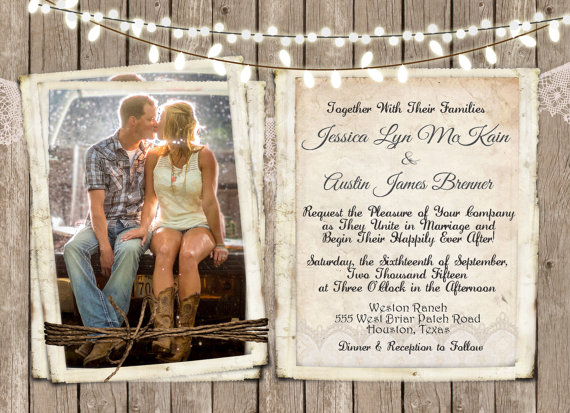 Wedding - Rustic and Lace Wedding Invitation, Lights, Wood Fence, Photos, Digital File, Printable, 5x7