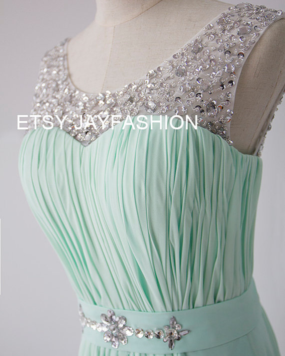 Свадьба - Mint Green Chiffon Simple Bridesmaid prom Dress V Back Sheer Beading Neckline A-line long Prom Dresses with Lace-up - Bridesmaid Dresses