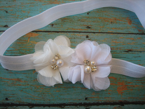 زفاف - White headband, wedding headband, Baptism headband, flower girl headband, Baby headband, Girls headband, wedding